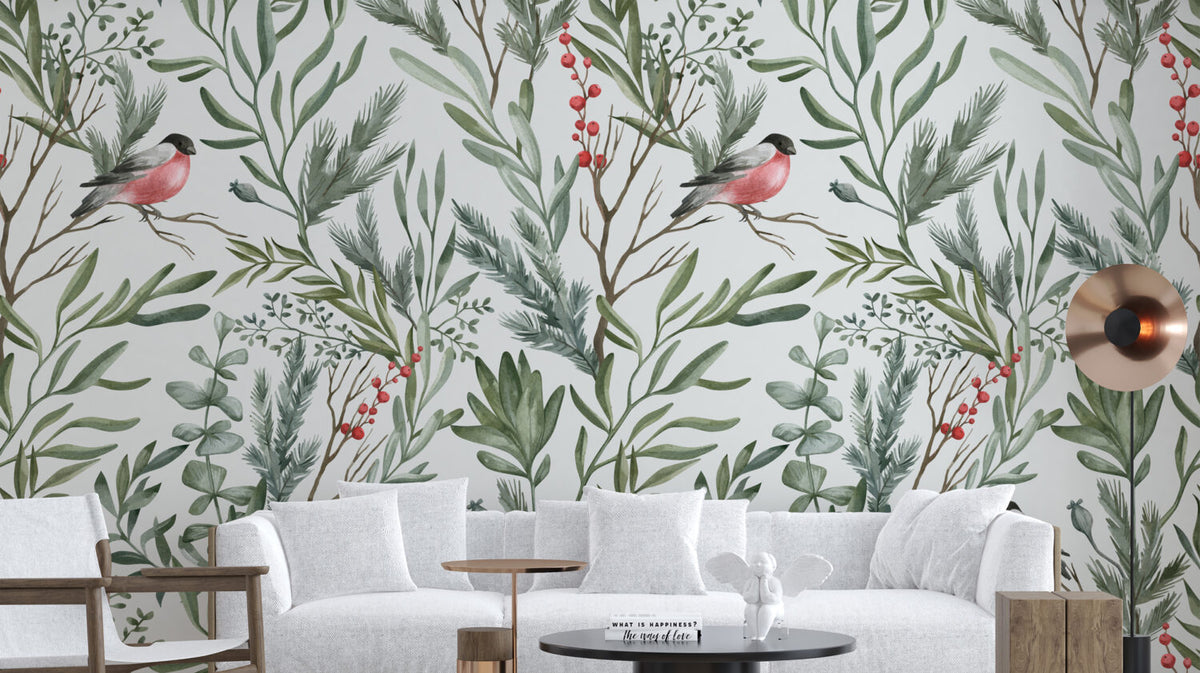 Bullfinch Wallpaper : Birds in Green Leaves Pattern - View 5