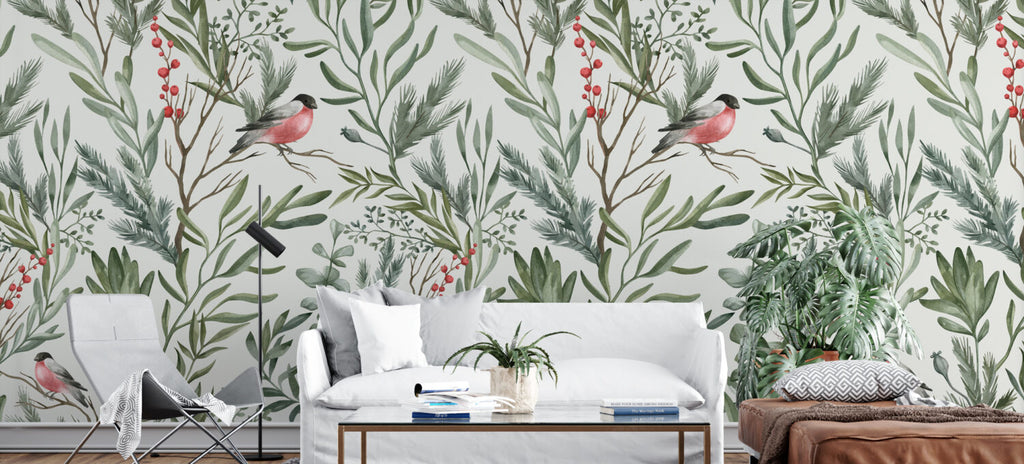 Bullfinch Wallpaper : Birds in Green Leaves Pattern - View 6