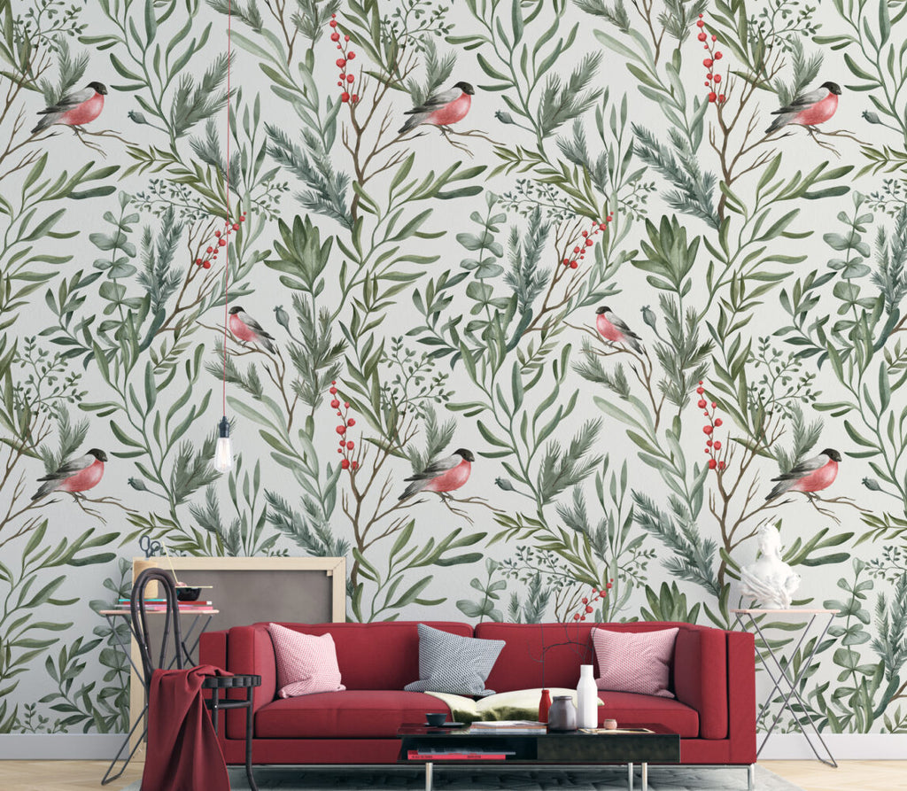 Bullfinch Wallpaper : Birds in Green Leaves Pattern