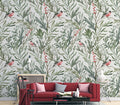 Bullfinch Wallpaper : Birds in Green Leaves Pattern