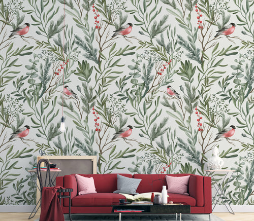 Bullfinch Wallpaper : Birds in Green Leaves Pattern