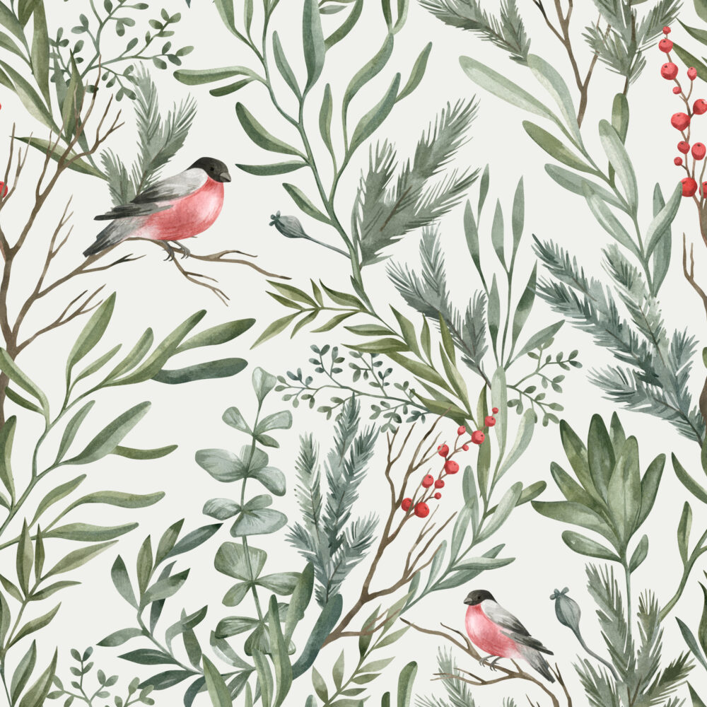 Bullfinch Wallpaper : Birds in Green Leaves Pattern - View 2