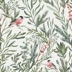 Bullfinch Wallpaper : Birds in Green Leaves Pattern - View 2