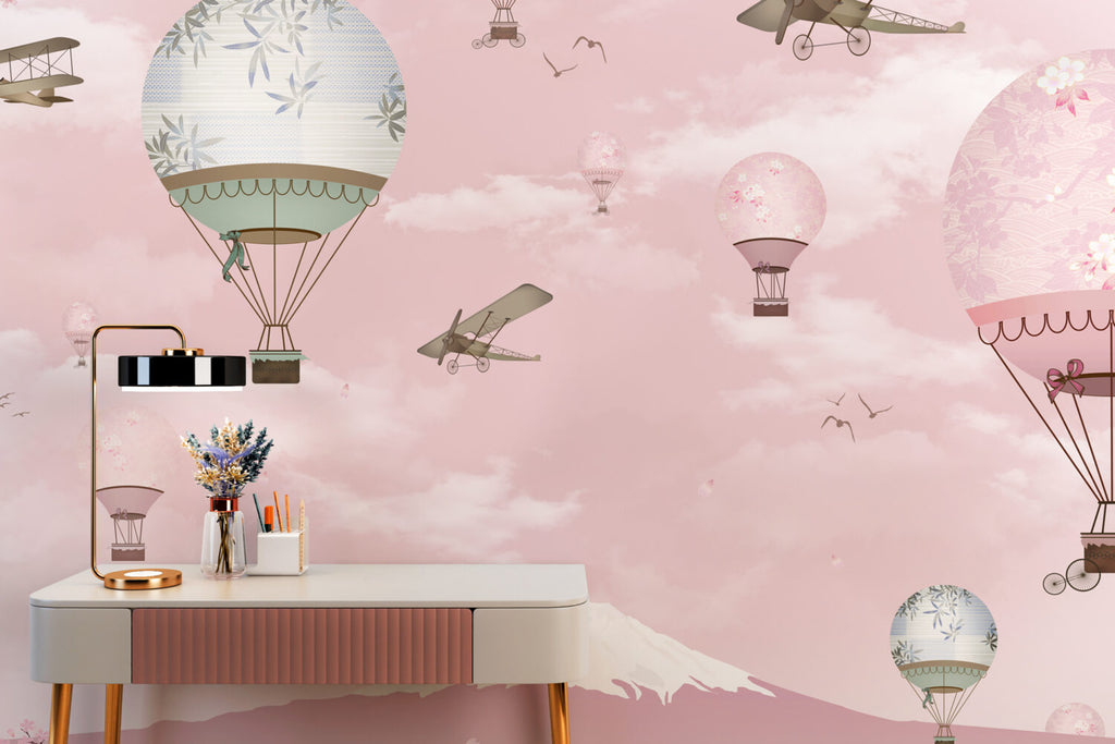 Pink Hot Air Balloon Wallpaper : Planes and Cherry Blossom Kids Mural - View 2