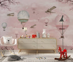 Pink Hot Air Balloon Wallpaper : Planes and Cherry Blossom Kids Mural - View 3