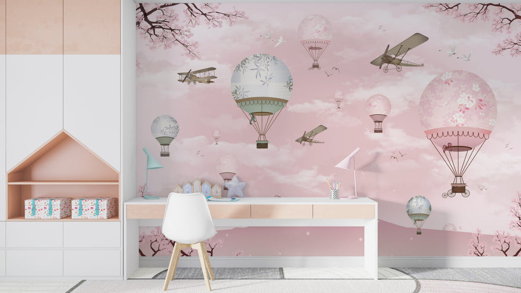 Pink Hot Air Balloon Wallpaper : Planes and Cherry Blossom Kids Mural - View 4