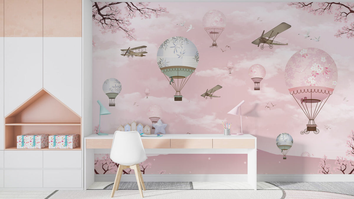 Pink Hot Air Balloon Wallpaper : Planes and Cherry Blossom Kids Mural - View 4