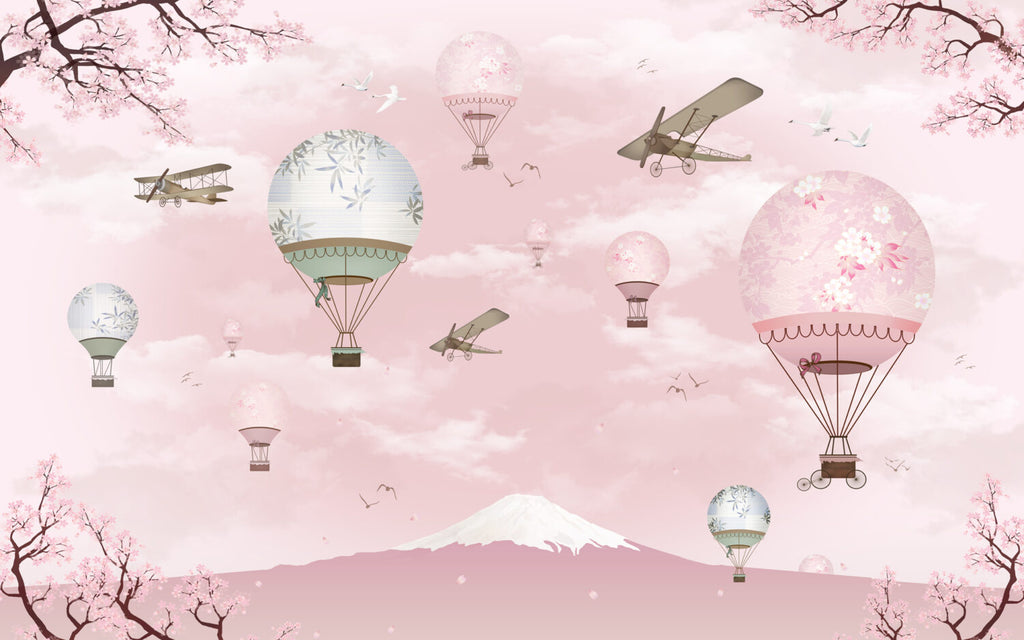 Pink Hot Air Balloon Wallpaper : Planes and Cherry Blossom Kids Mural - flat design