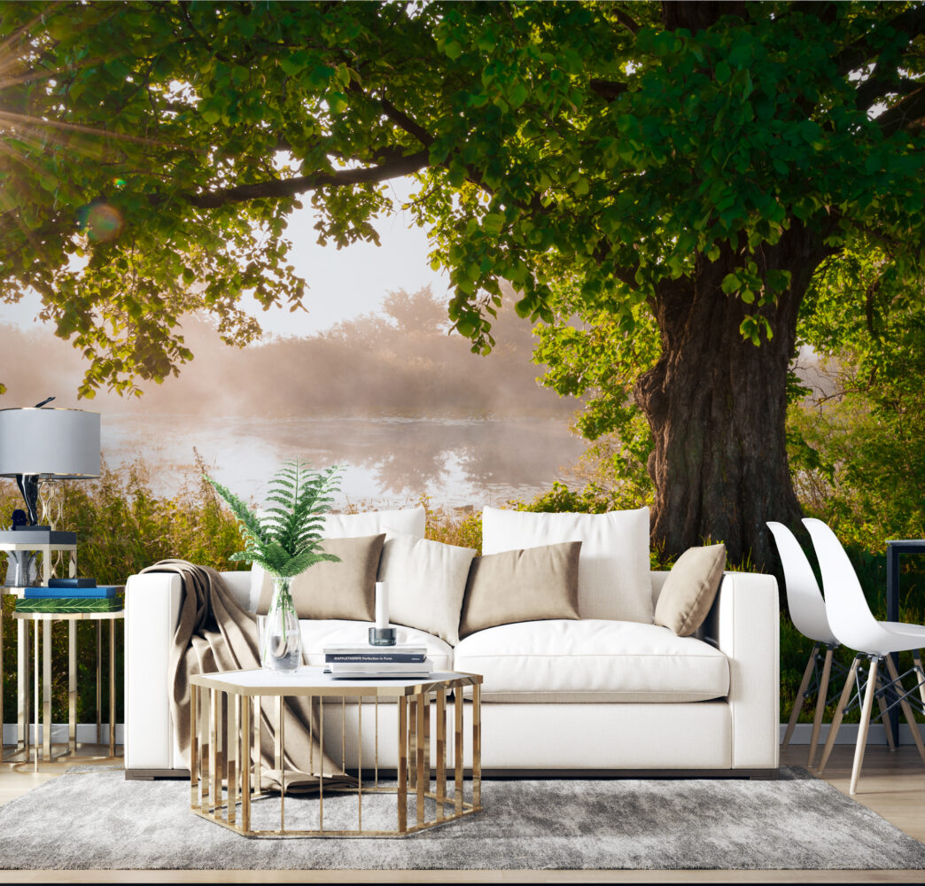 Lakeside Tree Wallpaper : Sunlit Green Oak Mural - View 4