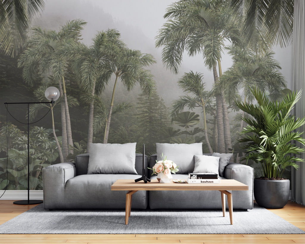 Misty Rainforest Wallpaper : Tropical Palms Fog Mural - View 3