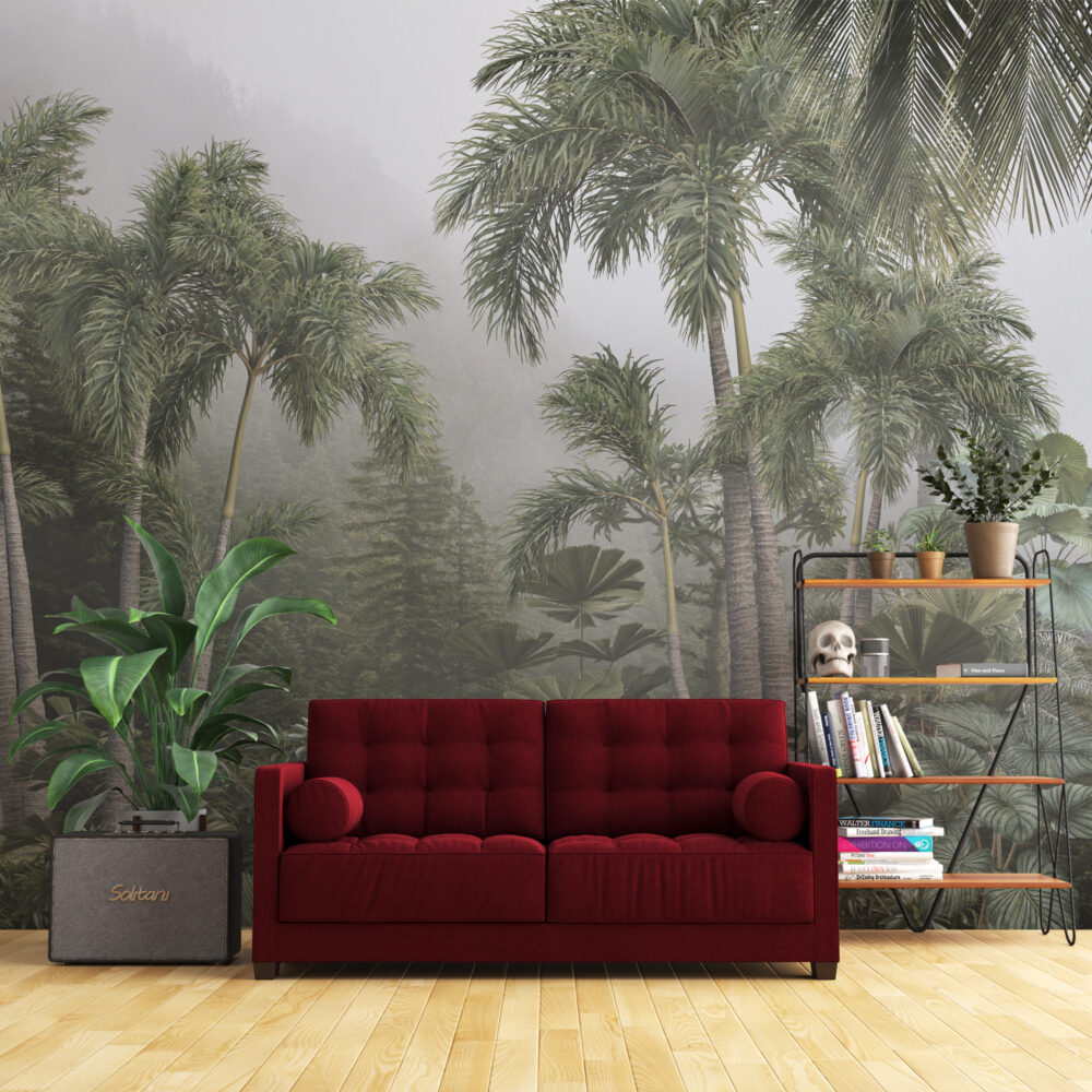 Misty Rainforest Wallpaper : Tropical Palms Fog Mural - View 4