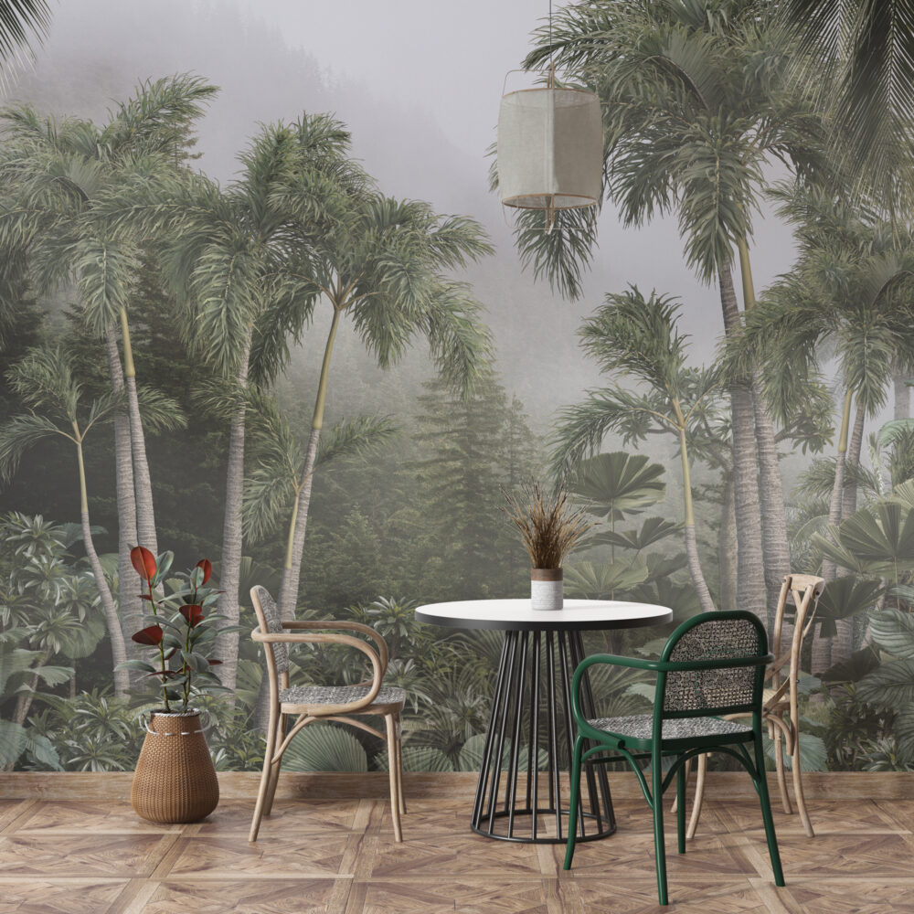 Misty Rainforest Wallpaper : Tropical Palms Fog Mural - View 5