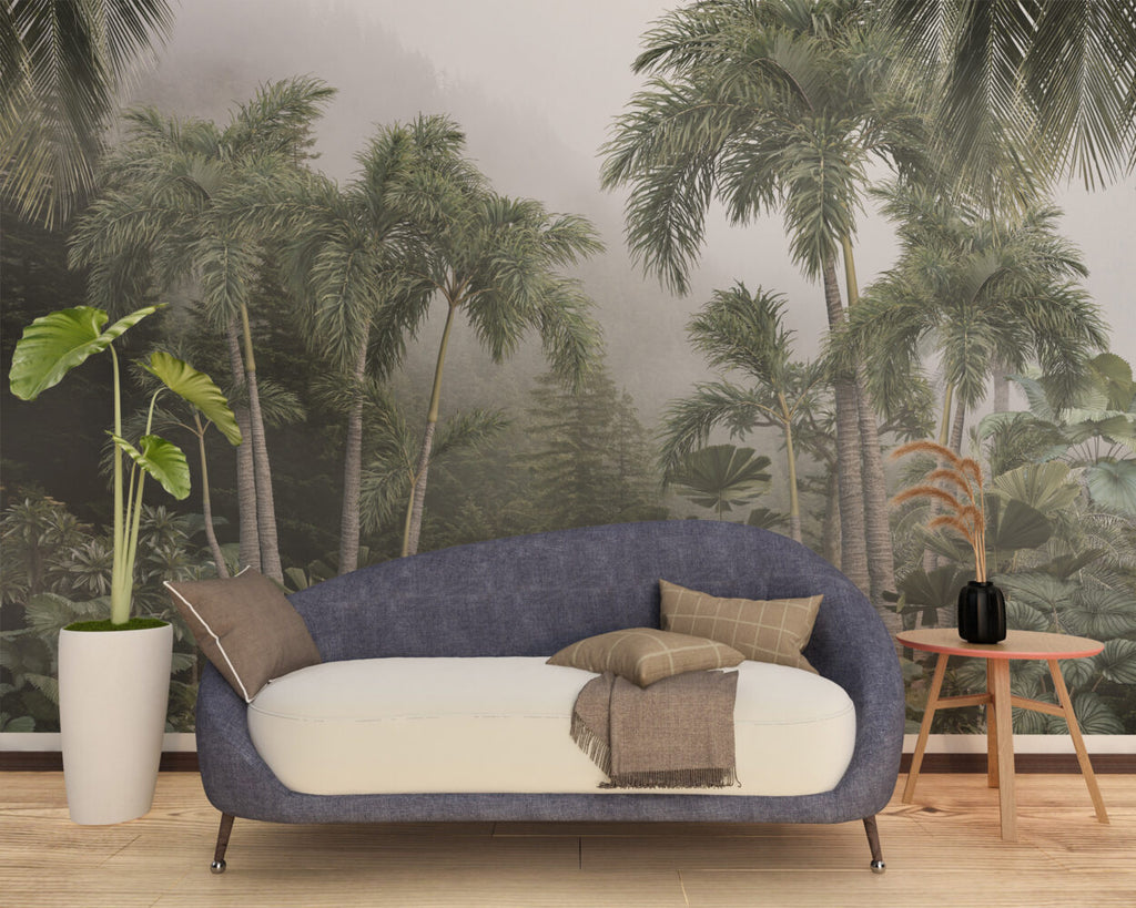 Misty Rainforest Wallpaper : Tropical Palms Fog Mural