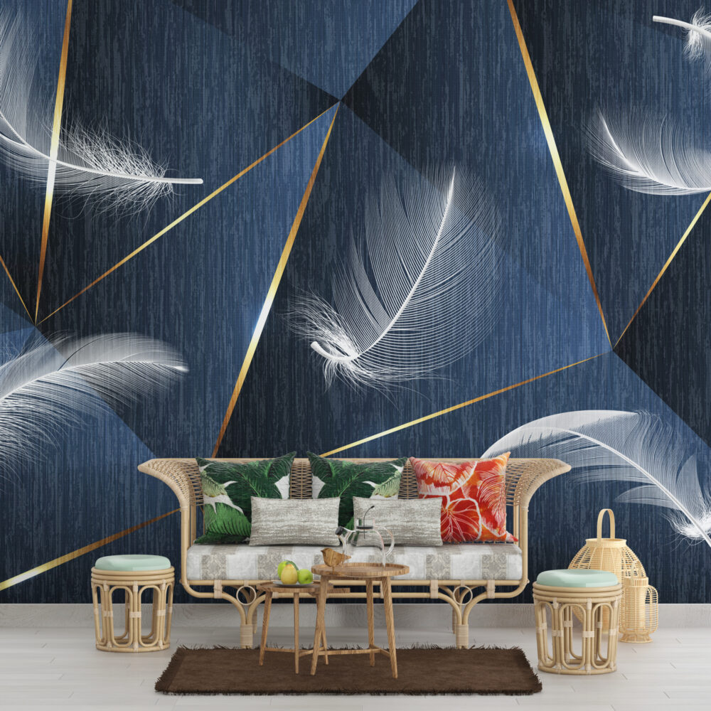 Navy Feather Wallpaper : White Feathers and Gold Lines Mural - View 2