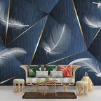 Navy Feather Wallpaper : White Feathers and Gold Lines Mural - View 2