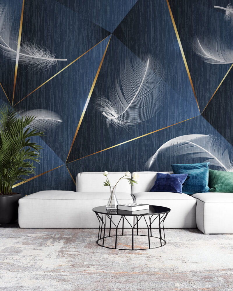 Navy Feather Wallpaper : White Feathers and Gold Lines Mural - View 3