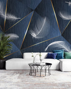 Navy Feather Wallpaper : White Feathers and Gold Lines Mural - View 3