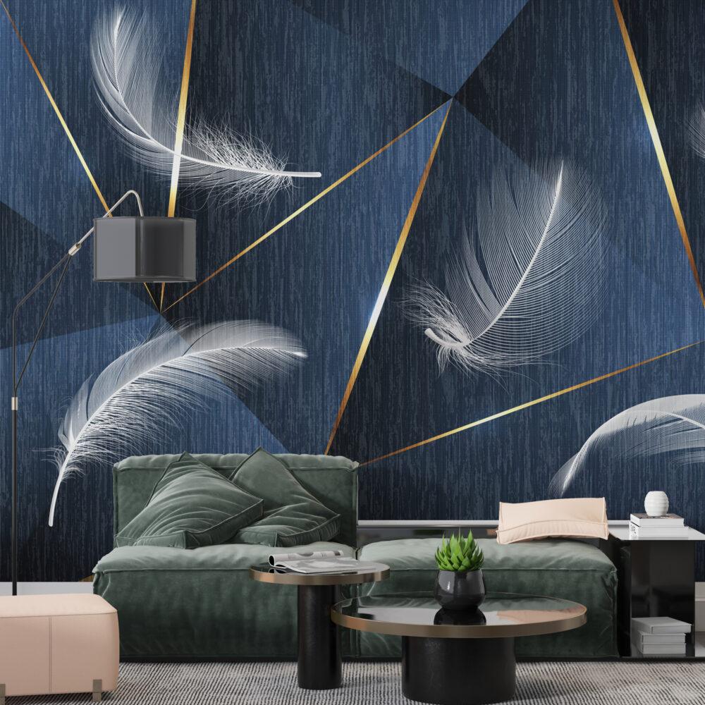 Navy Feather Wallpaper : White Feathers and Gold Lines Mural - View 4