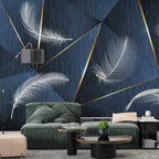 Navy Feather Wallpaper : White Feathers and Gold Lines Mural - View 4