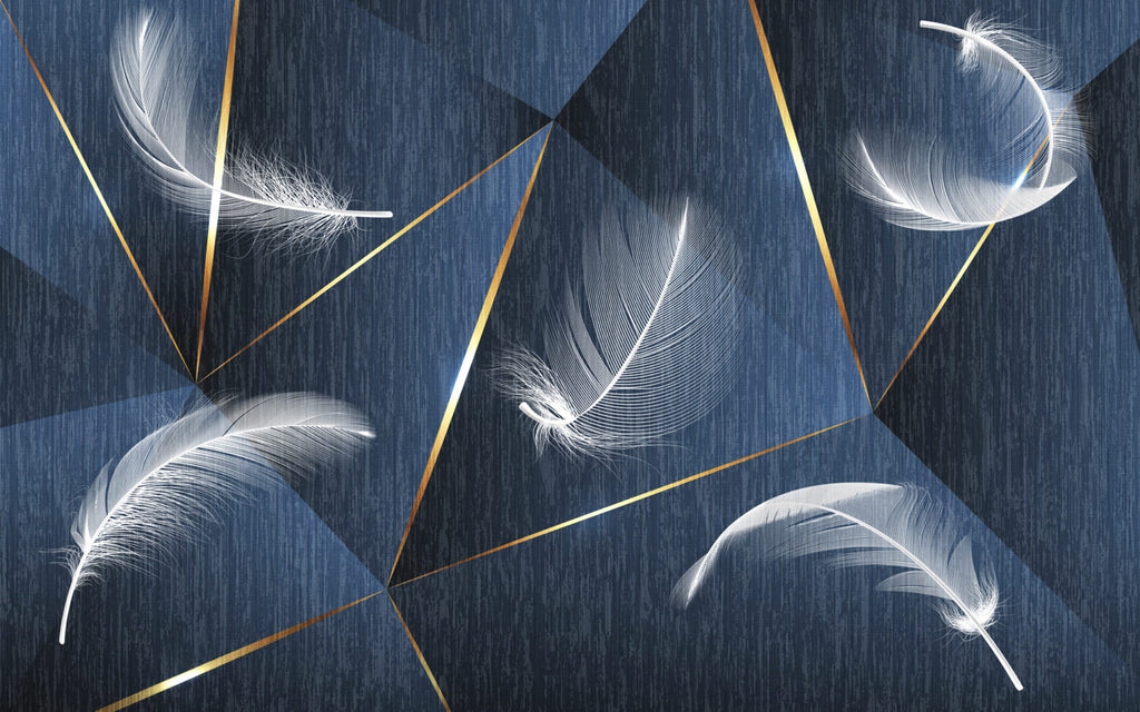 Navy Feather Wallpaper : White Feathers and Gold Lines Mural - flat design