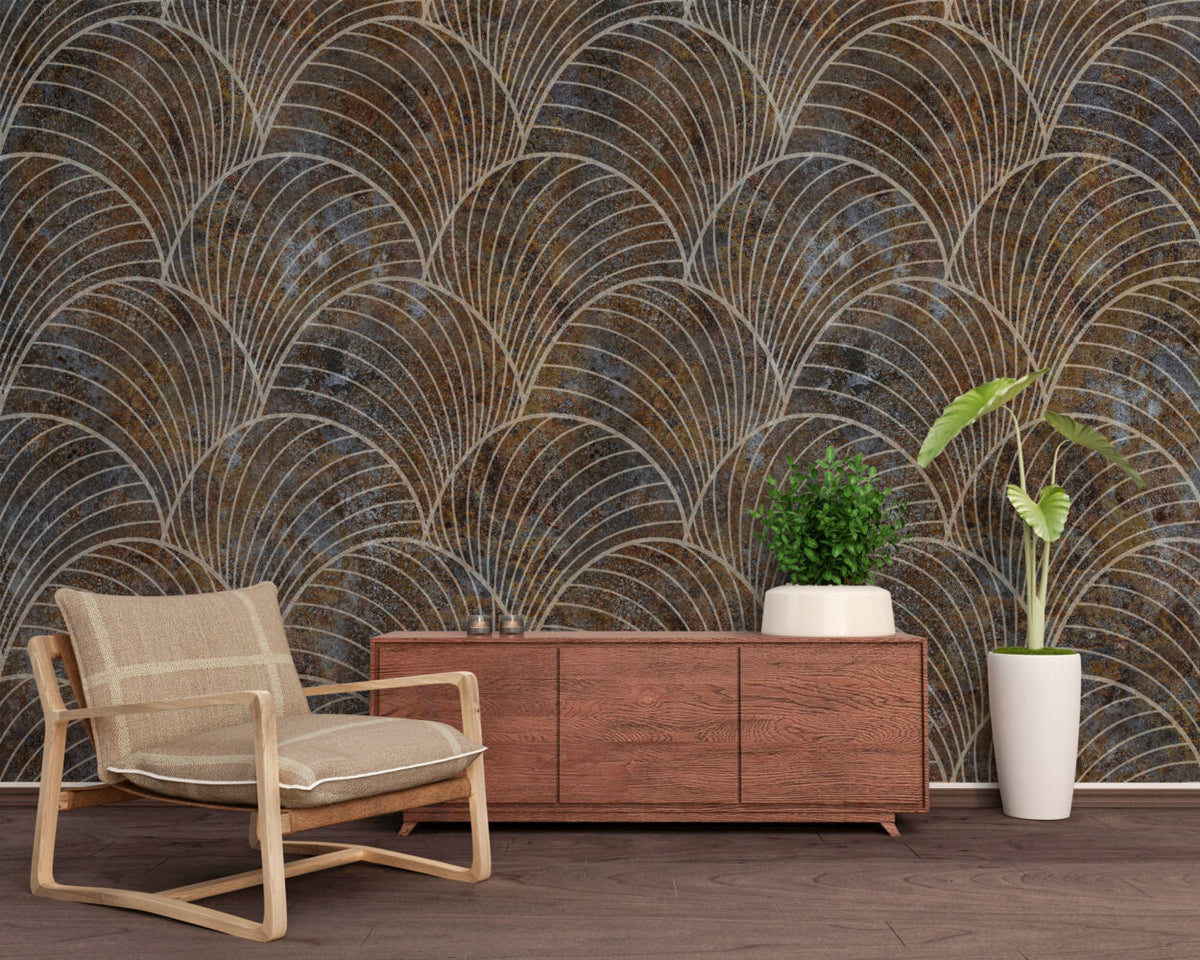 Bronze Scallop Wallpaper : Line Art Shell Pattern Mural - View 2