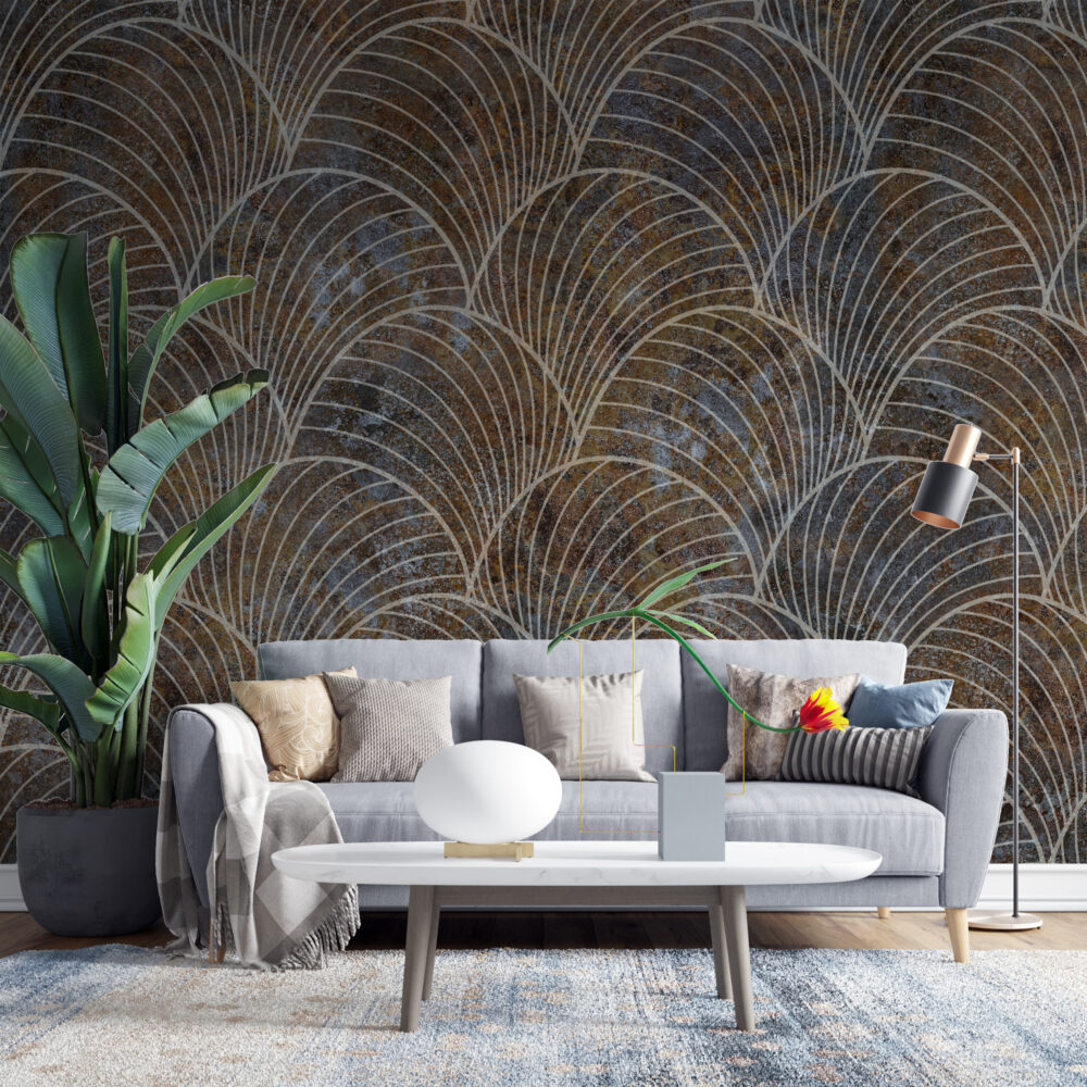 Bronze Scallop Wallpaper : Line Art Shell Pattern Mural - View 3