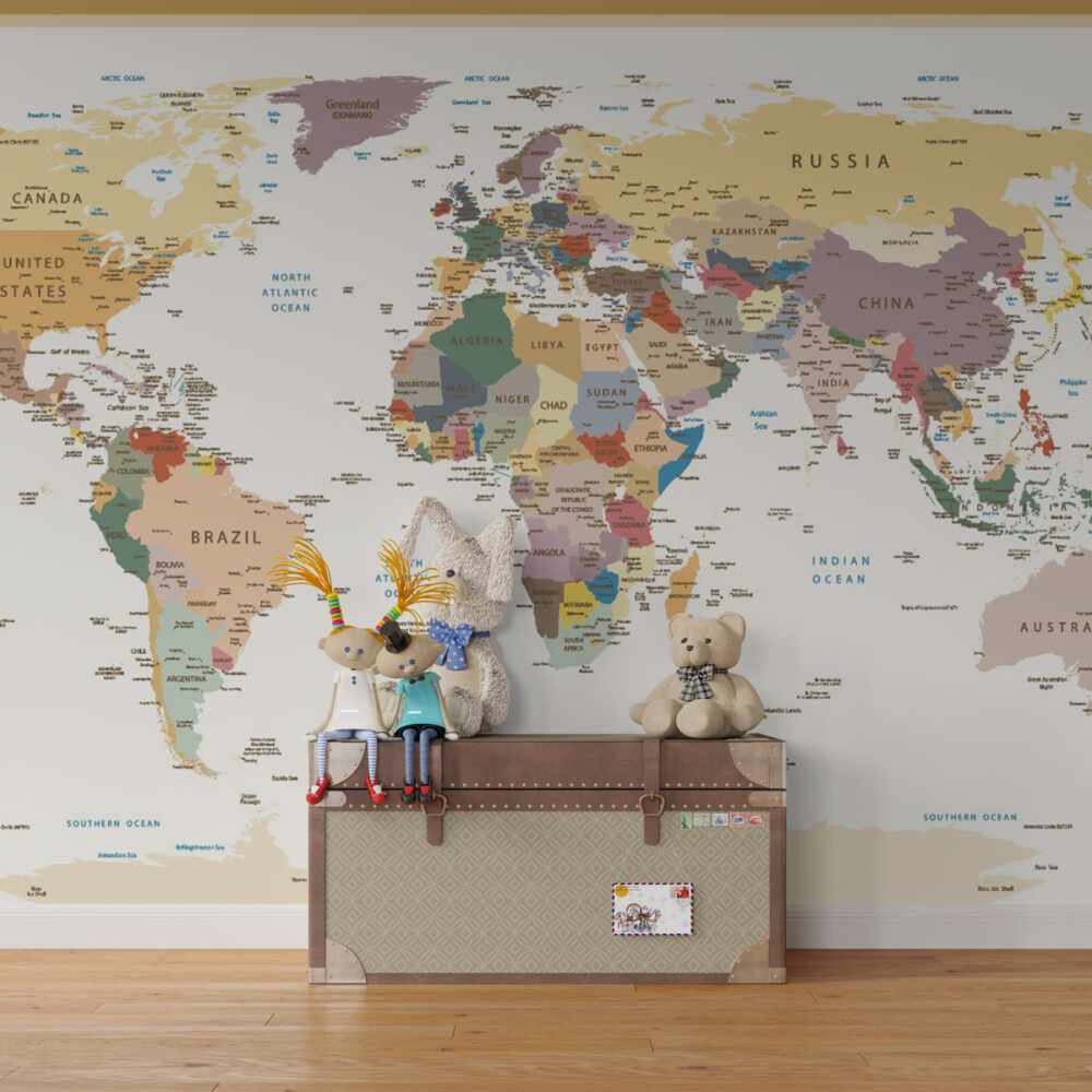 Political World Map Wallpaper : Colorful Countries Atlas Mural - View 2