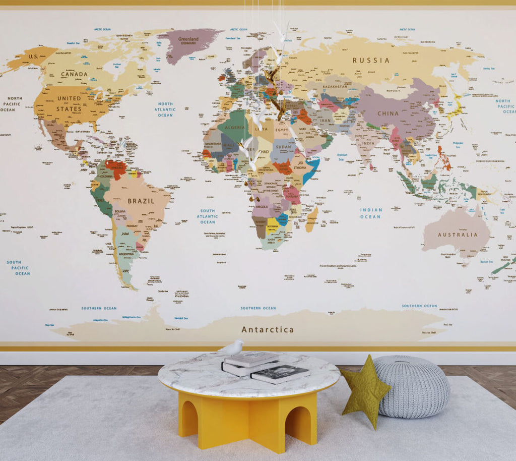 Political World Map Wallpaper : Colorful Countries Atlas Mural - View 3