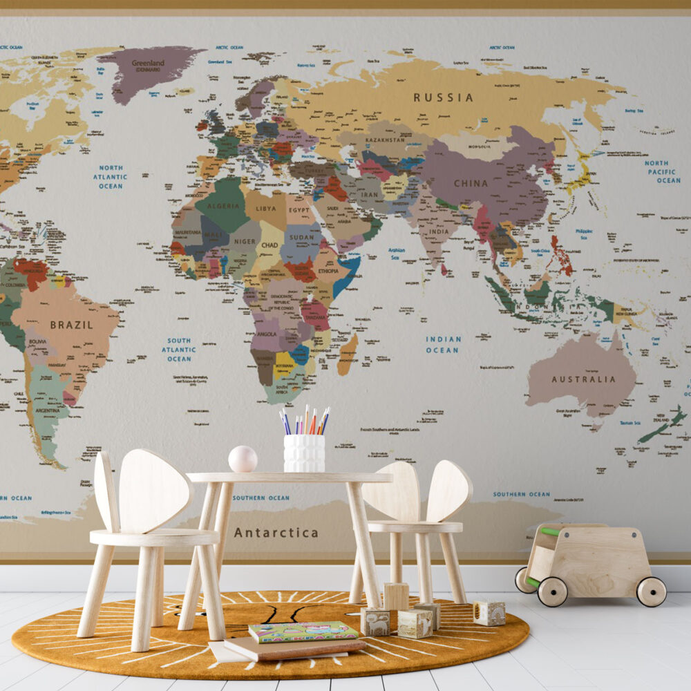 Political World Map Wallpaper : Colorful Countries Atlas Mural