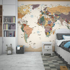 Political World Map Wallpaper : Colorful Countries Atlas Mural - View 4