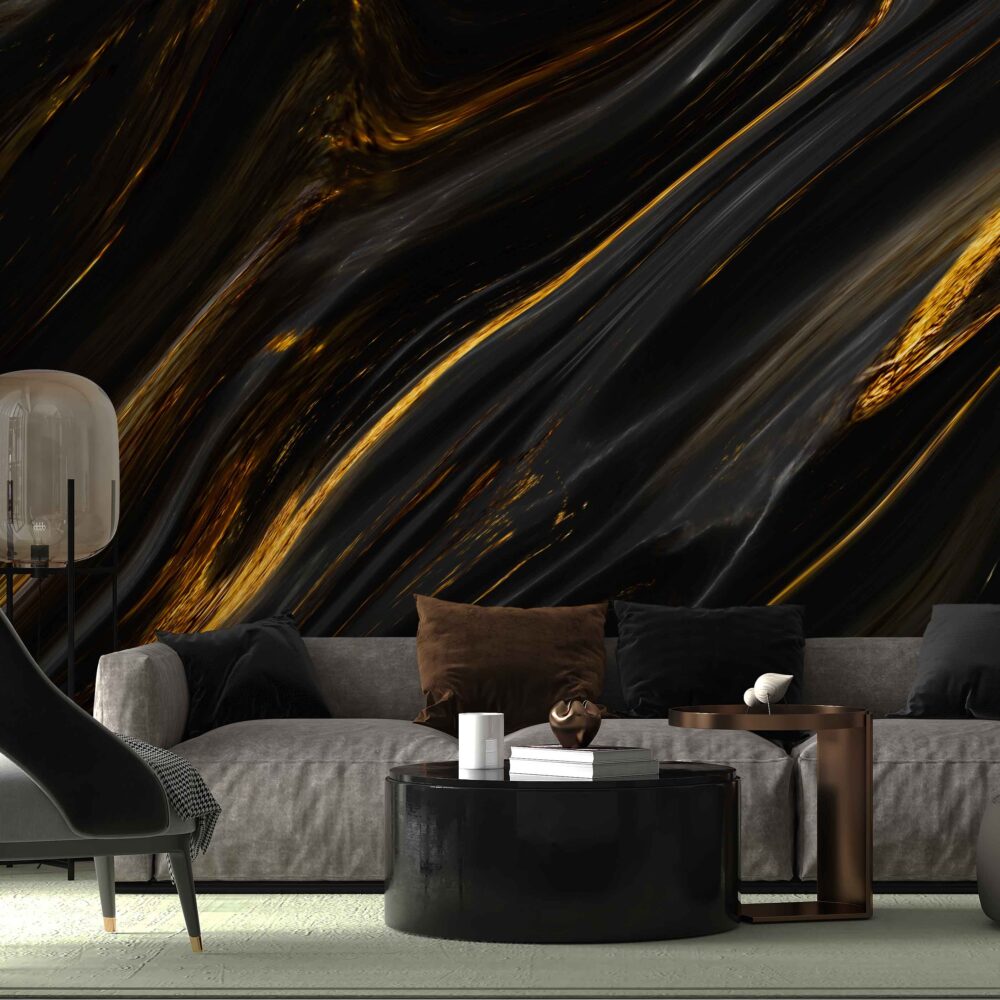 Black Gold Marble Wallpaper : Liquid Stone Mural - View 2