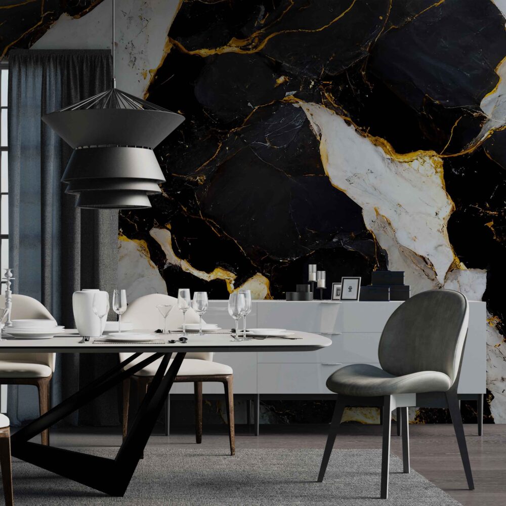 Gold Vein Black Marble Wallpaper : Cracked Stone Mural - View 2
