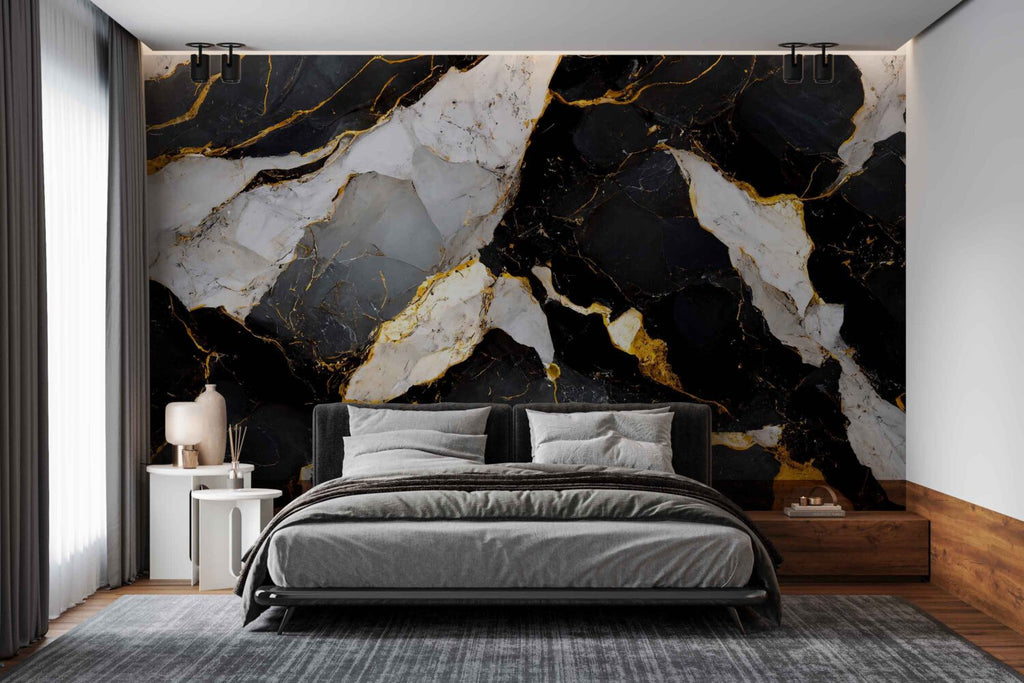Gold Vein Black Marble Wallpaper : Cracked Stone Mural - View 3