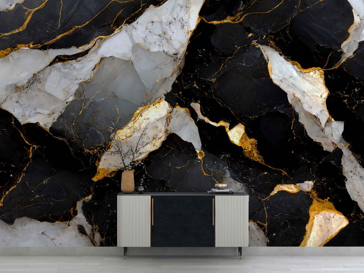 Gold Vein Black Marble Wallpaper : Cracked Stone Mural