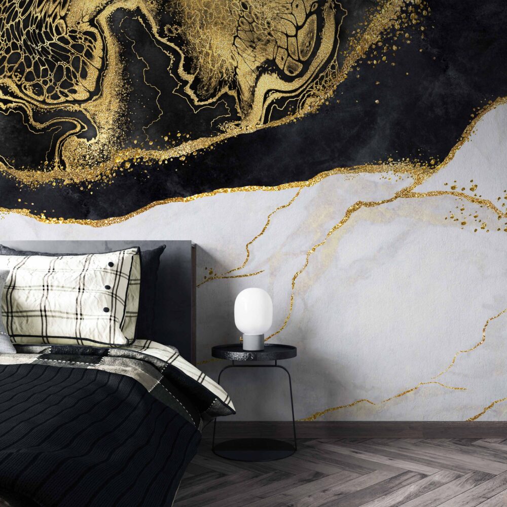Black and White Gold Marble Wallpaper : Abstract Stone Mural - View 2
