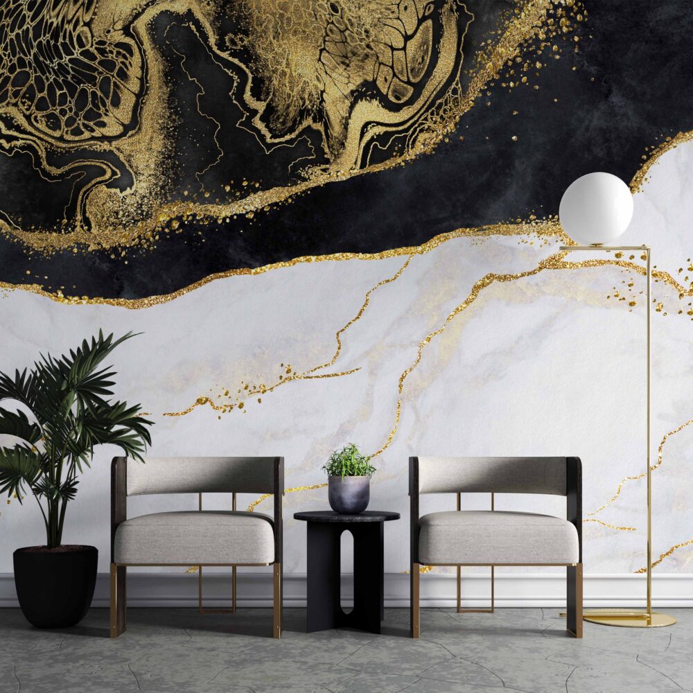 Black and White Gold Marble Wallpaper : Abstract Stone Mural