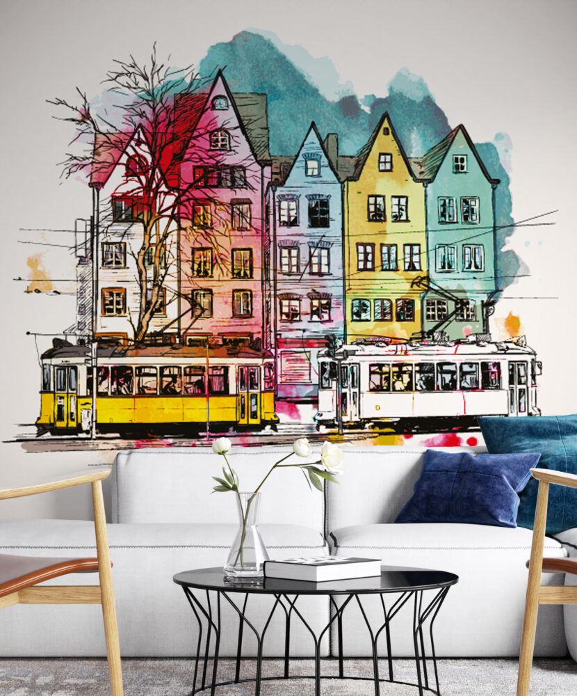 Watercolor City Tram Wallpaper : Colorful Houses Sketch Mural
