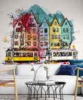 Watercolor City Tram Wallpaper : Colorful Houses Sketch Mural