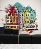 Watercolor City Tram Wallpaper : Colorful Houses Sketch Mural - View 2