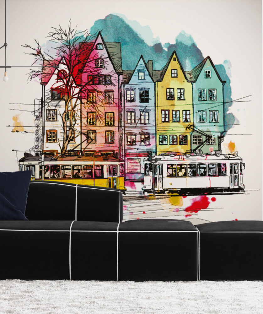 Watercolor City Tram Wallpaper : Colorful Houses Sketch Mural - View 2