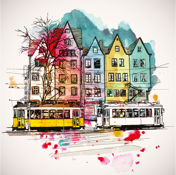 Watercolor City Tram Wallpaper : Colorful Houses Sketch Mural - flat design