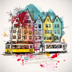 Watercolor City Tram Wallpaper : Colorful Houses Sketch Mural - flat design