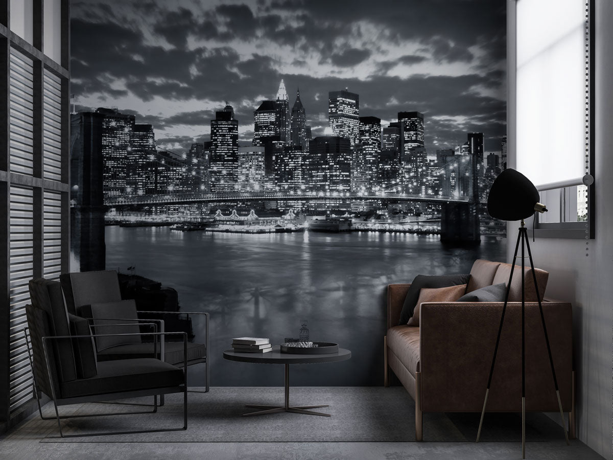 Brooklyn Bridge Wallpaper : Black and White New York Night Mural - View 2
