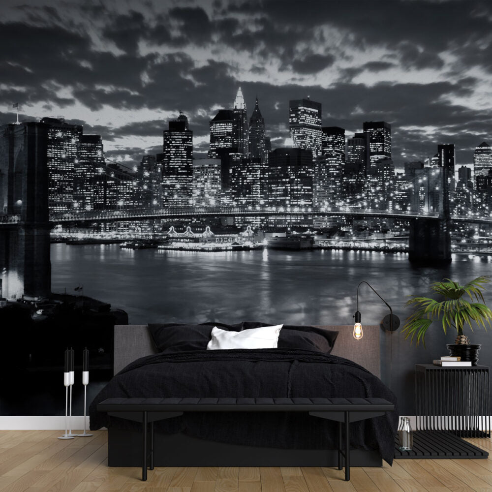 Brooklyn Bridge Wallpaper : Black and White New York Night Mural - View 3