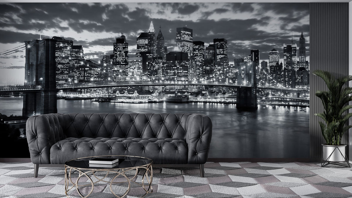 Brooklyn Bridge Wallpaper : Black and White New York Night Mural - View 4