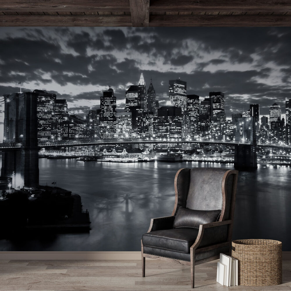 Brooklyn Bridge Wallpaper : Black and White New York Night Mural - View 5