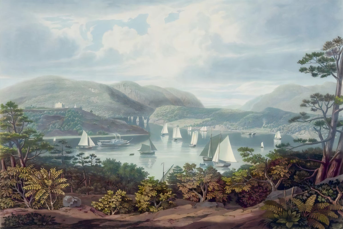 River Valley Landscape Wallpaper : Vintage Sailing Boats Mural - flat design