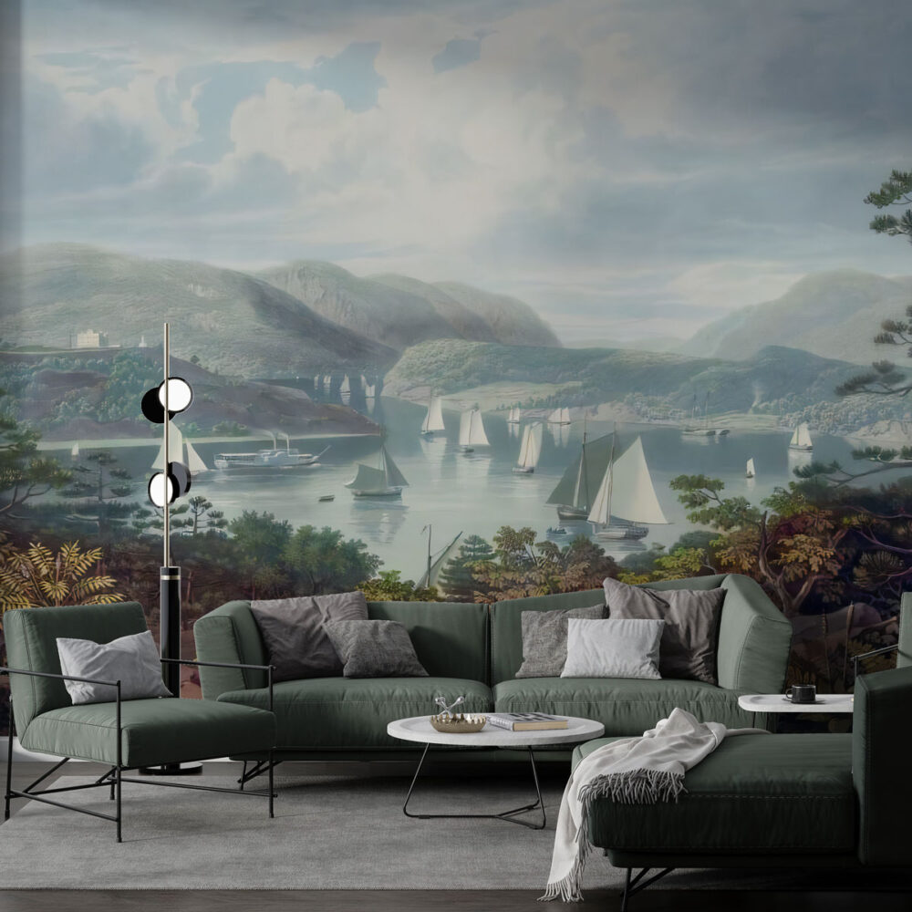 River Valley Landscape Wallpaper : Vintage Sailing Boats Mural - View 2