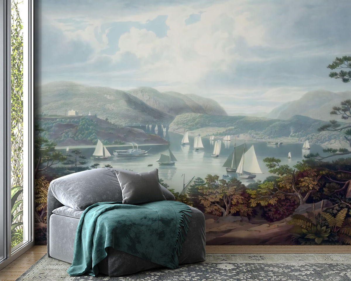 River Valley Landscape Wallpaper : Vintage Sailing Boats Mural - View 4