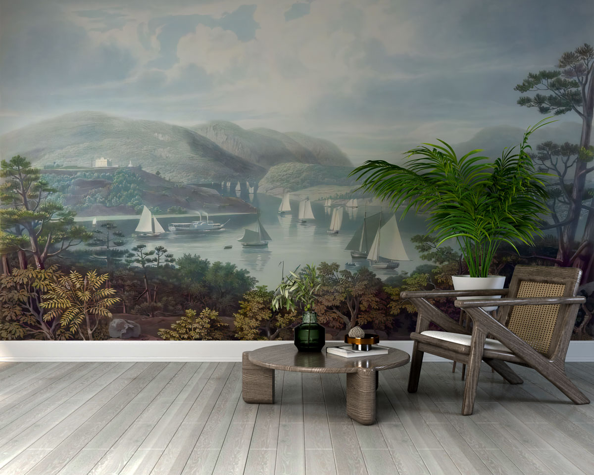 River Valley Landscape Wallpaper : Vintage Sailing Boats Mural
